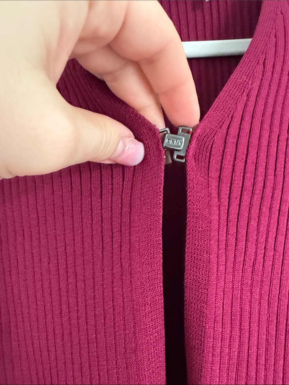 DKNY Short Sleeve Ribbed Zip-Front Top - Raspberry - Picture 4 of 12